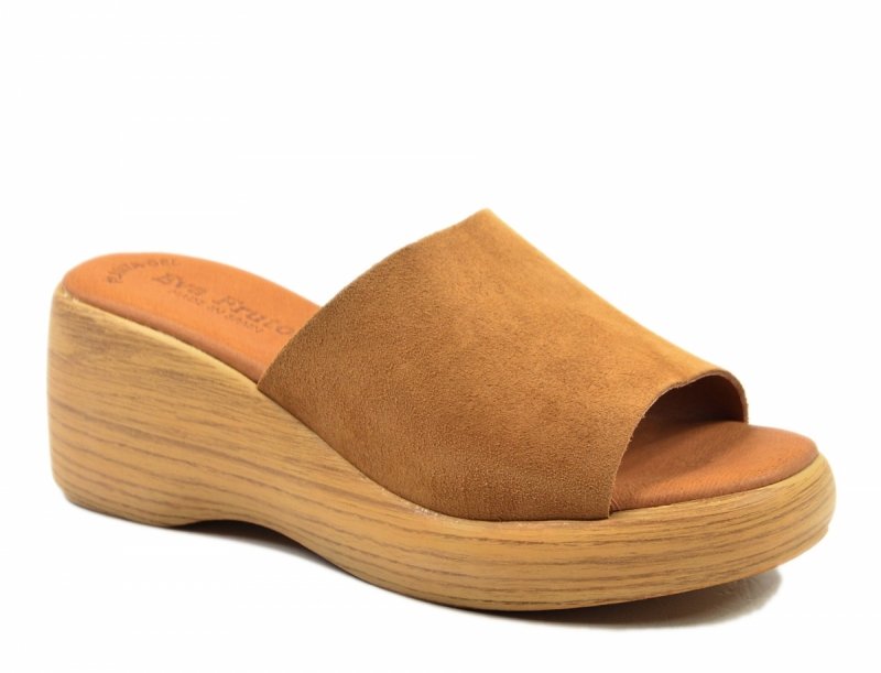Klapki 39 EVA FRUTOS skóra 4767 skórzane brązowe na koturnie camel zamsz