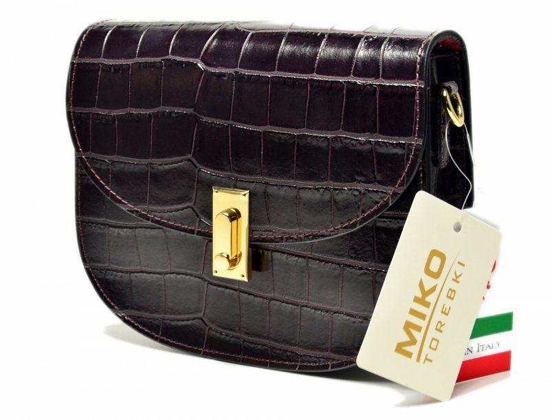 TOREBKA skóra listonoszka fioletowa MIKO skórzana bakłażan lakier krokodyl 