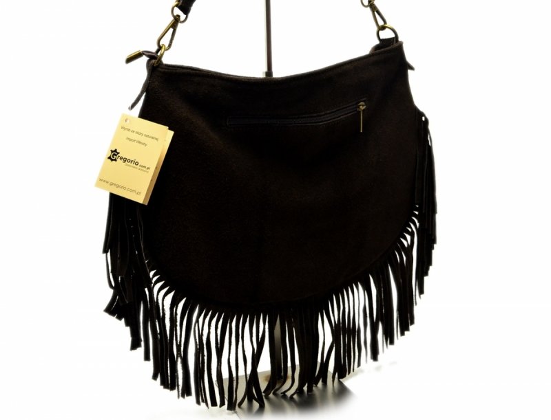 TOREBKA skóra brązowa listonoszka skórzana brąz frędzle zamsz damska GREGORIO