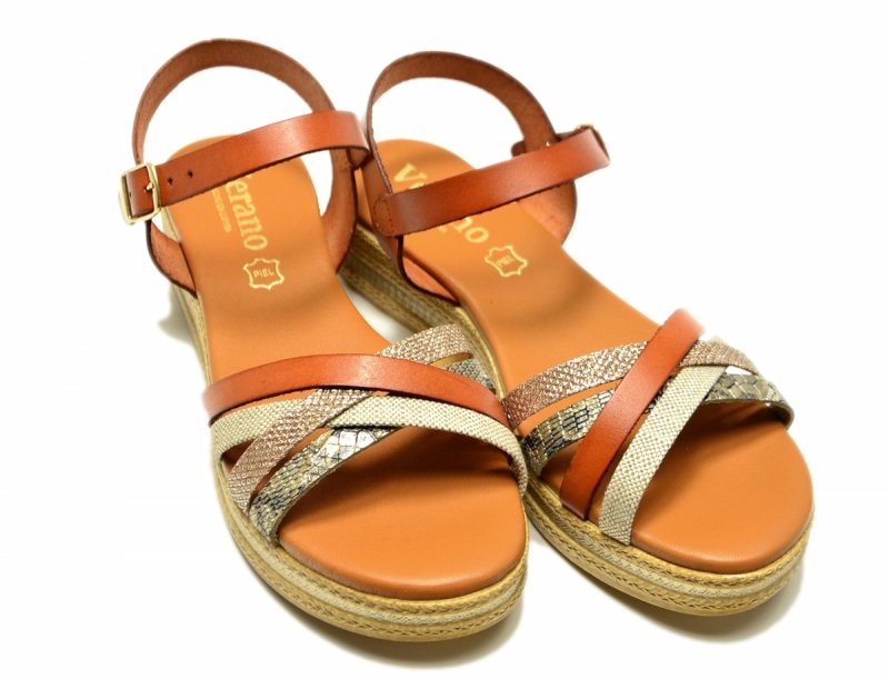 Sandałki 40 skóra VERANO 14633 na platformie camel skórzane brąz