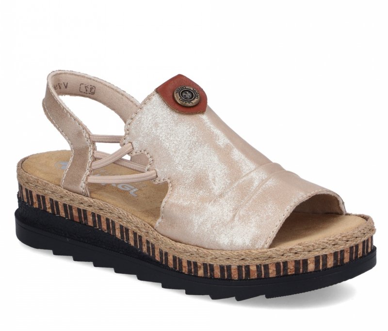 Sandałki beżowe złote 41 RIEKER 7972 beż na koturnie platformie