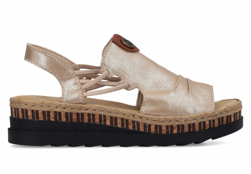 Sandałki beżowe złote 41 RIEKER 7972 beż na koturnie platformie