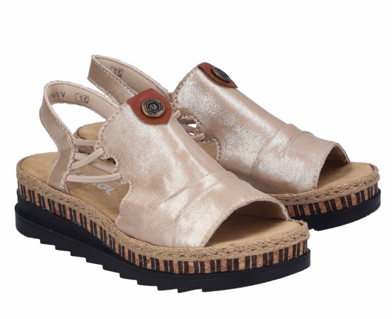 Sandałki beżowe złote 39 RIEKER 7972 beż na koturnie platformie