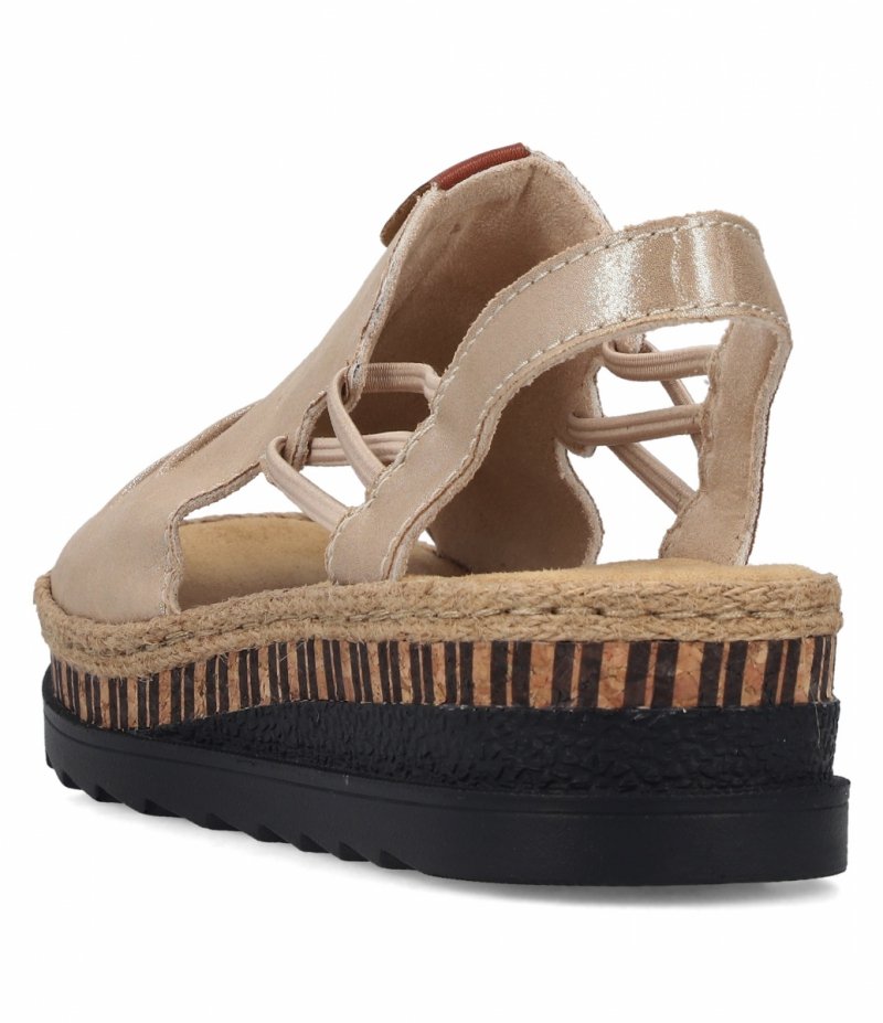 Sandałki beżowe złote 39 RIEKER 7972 beż na koturnie platformie