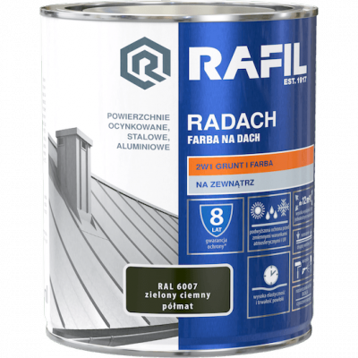 Radach 0,75L Zielony Ciemny RAL6007 PÓŁMAT farba na dach Rafil  ocynk stal aluminium 