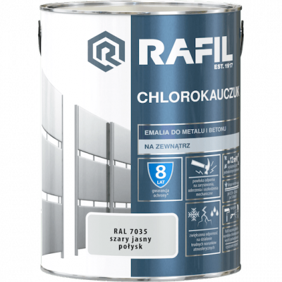 Rafil Chlorokauczuk 5L Szary Jasny RAL7035 szara farba metalu betonu emalia chlorokauczukowa 