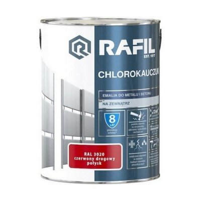 Rafil Chlorokauczuk 10L Czerwony Drogowy RAL3020 farba metalu betonu emalia chlorokauczukowa