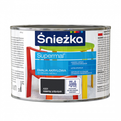 Śnieżka Emalia Akrylowa 0,4L CZARNY A301 PÓŁPOŁYSK czarna Farba Supermal wodna szybkoschnąca