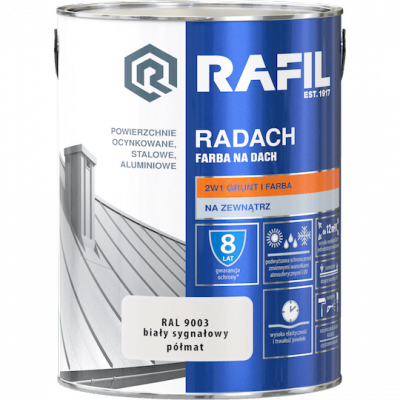 Radach 5L Biały Sygnałowy RAL9003 PÓŁMAT farba na dach Rafil ocynk stal aluminium 