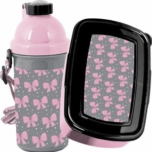 KOMPLET 2w1 BIDON ŚNIADANIÓWKA DLA DZIEWCZYNY KOKARDKI PASO