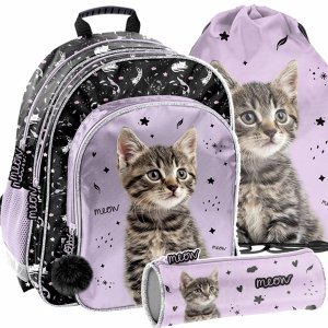 PLECAK SZKOLNY Z KOTKIEM DLA DZIEWCZYNY DO 1 KLASY KOMPLET 3w1 KOTEK PASO
