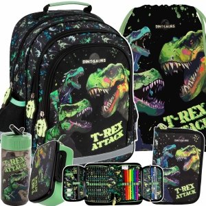 PLECAK DINOZAURY SZKOLNY DO 1 KLASY KOMPLET 5w1 TORNISTER TYRANOZAUR T-REX