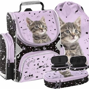 TORNISTER KOT DLA DZIEWCZYNY SZKOLNY Z KOTKIEM DO 1 KLASY KOTEK KOMPLET 3w1