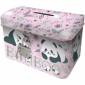 PANDA SKARBONKA Z KŁÓDKĄ METALOWY KUFEREK DLA DZIECI Z MISIEM
