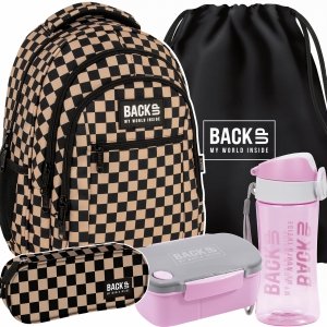 MŁODZIEŻOWY SZKOLNY PLECAK BACKUP ZESTAW 5ele SZACHOWNICA BEŻOWA KRATA