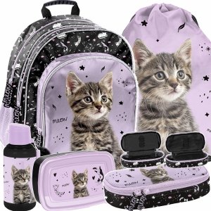 PLECAK SZKOLNY Z KOTKIEM DLA DZIEWCZYNY DO PODSTAWÓWKI ZESTAW 5w1 KOTEK