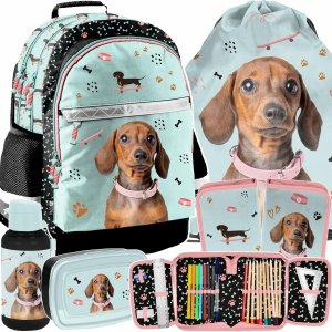 PLECAK PIESEK SZKOLNY POJEMNY DO 1-3 KLASY ZESTAW 5w1 DLA DZIEWCZYNY PIES