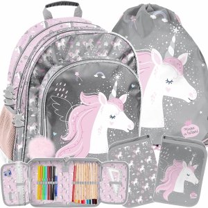 JEDNOROŻEC PLECAK SZKOLNY DO KLAS 1-3 PODSTAWÓWKI ZESTAW 3w1 DZIEWCZĘCY