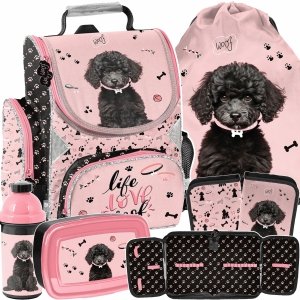 TORNISTER SZKOLNY Z PIESKIEM KOMPLET 5ele DO 1 KLASY PIESEK DO PODSTAWÓWKI