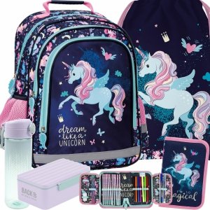 PLECAK JEDNOROŻEC SZKOLNY DO 1 KLASY ZESTAW 5 el DLA DZIEWCZYNY UNICORN