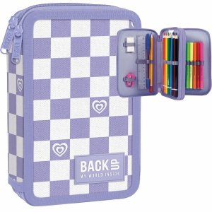 PIÓRNIK BACKUP 2 KOM. Z WYPOSAŻENIEM SZACHOWNICA FIOLETOWO BIAŁA DZIEWCZĘCY