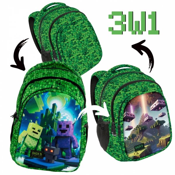 PIKSELE MINECRAFT PLECAK 3 WZORY BACKUP SZKOLNY MŁODZIEŻOWY KOMPLET 5 elem.