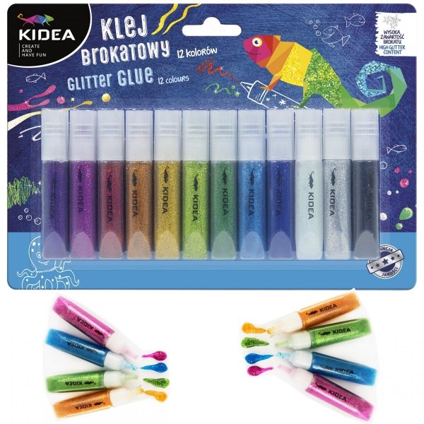 Klej Brokatowy 12 kol 6ml Kidea dla Dzieci [KB12KA]