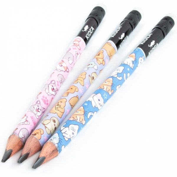 3 szt. OŁÓWEK TRÓJKĄTNY DO NAUKI PISANIA GRUBY KIDEA ZWIERZĘTA z GUMKĄ