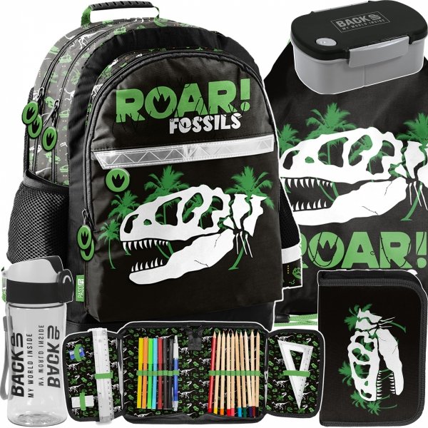 DINOZAURY PLECAK CHŁOPIĘCY SZKOLNY TYRANOZAUR DO PODSTAWÓWKI ZESTAW 5w1