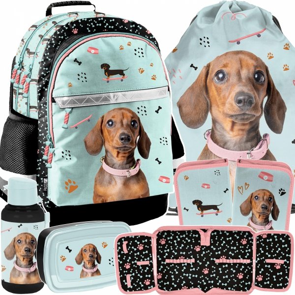 PLECAK PIESEK SZKOLNY POJEMNY DO 1-3 KLASY KOMPLET 5w1 DLA DZIEWCZYNY PIES