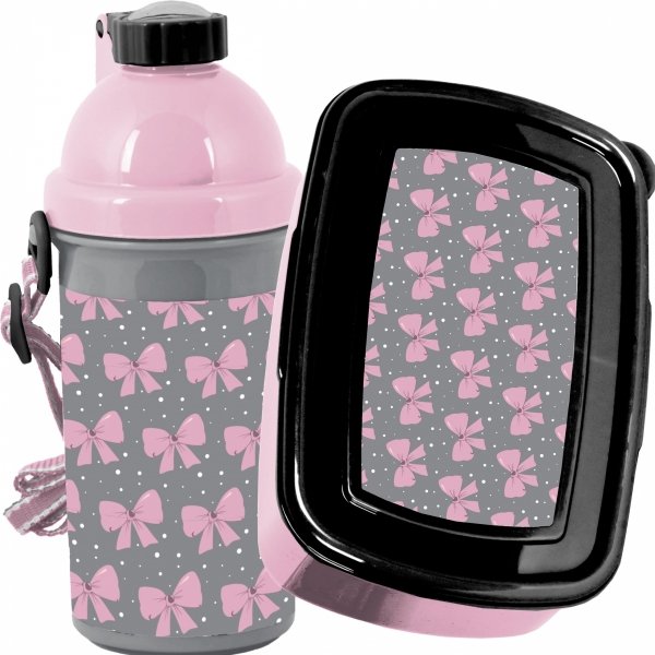 KOMPLET 2w1 BIDON ŚNIADANIÓWKA DLA DZIEWCZYNY KOKARDKI PASO