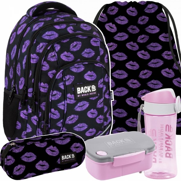 BACKUP PLECAK SZKOLNY MŁODZIEŻOWY DZIEWCZĘCY GLITTER KISS KOMPLET 5w1 USTA