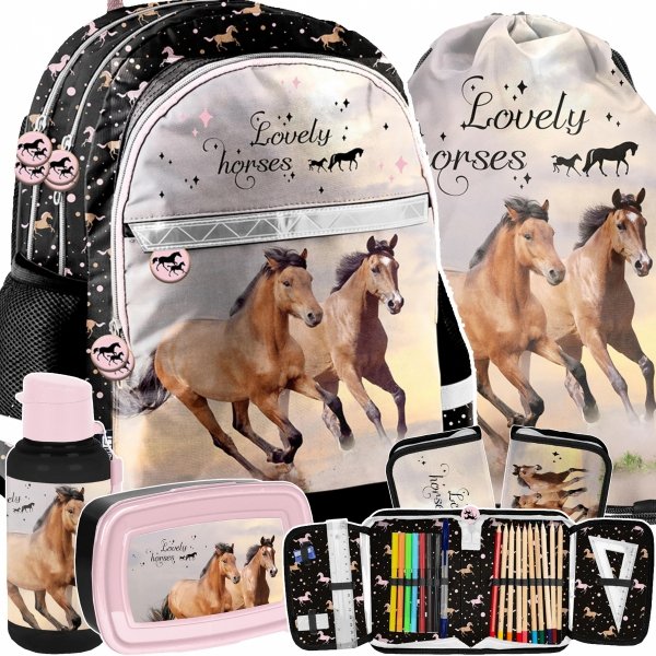 PLECAK KOŃ SZKOLNY KOMPLET 5 ele DO 1 KLASY PODSTAWÓWKI DLA DZIEWCZYNY KOŃ