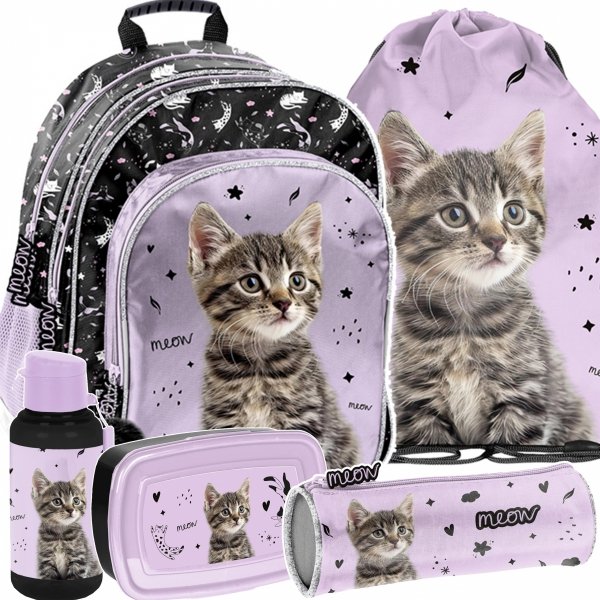 PLECAK SZKOLNY Z KOTKIEM DLA DZIEWCZYNY DO 1 KLASY KOMPLET 3 ele KOTEK PASO