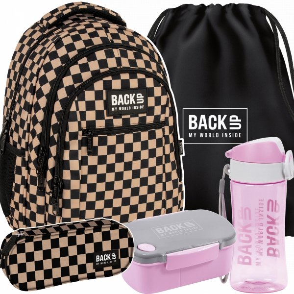 MŁODZIEŻOWY SZKOLNY PLECAK BACKUP ZESTAW 5ele SZACHOWNICA BEŻOWA KRATA