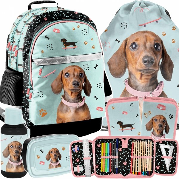 PLECAK PIESEK SZKOLNY POJEMNY DO 1-3 KLASY ZESTAW 5w1 DLA DZIEWCZYNY PIES