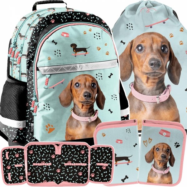 PLECAK PIESEK SZKOLNY POJEMNY DO 1-3 KLASY KOMPLET 3w1 DLA DZIEWCZYNKI PIES