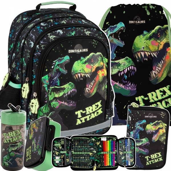 PLECAK DINOZAURY SZKOLNY DO 1 KLASY KOMPLET 5w1 TORNISTER TYRANOZAUR T-REX