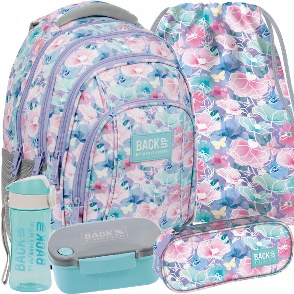 PLECAK KWIATY BACKUP DERFORM DO SZKOŁY MŁODZIEŻOWY PASTELOWY KOMPLET 5 ele.