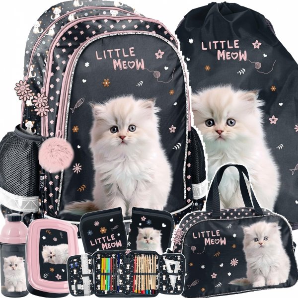ZESTAW 6w1 PLECAK KOTEK SZKOLNY DZIEWCZĘCY DO PODSTAWÓWKI KOTKI z KOTKIEM