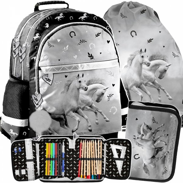 KOMPLET 3w1 KONIE PLECAK SZKOLNY DLA UCZENNIC DO KLAS 1-4 Z KONIEM HORSE