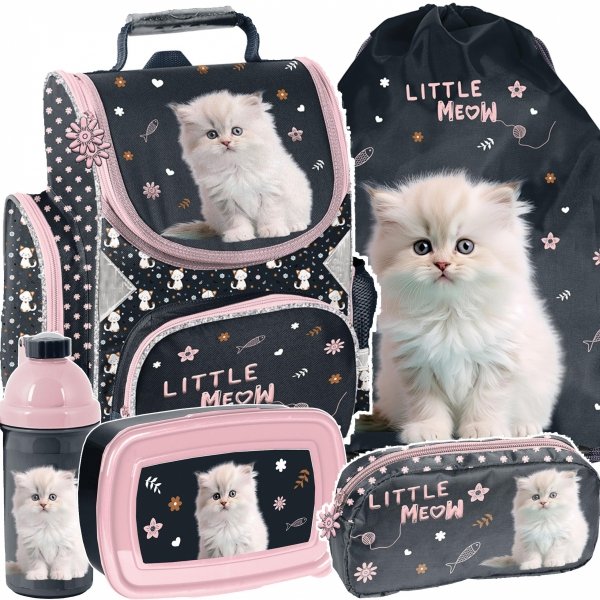 TORNISTER ZESTAW 5w1 DLA DZIEWCZYNY SZKOLNY Z KOTKIEM DO 1 KLASY KOTEK CATS