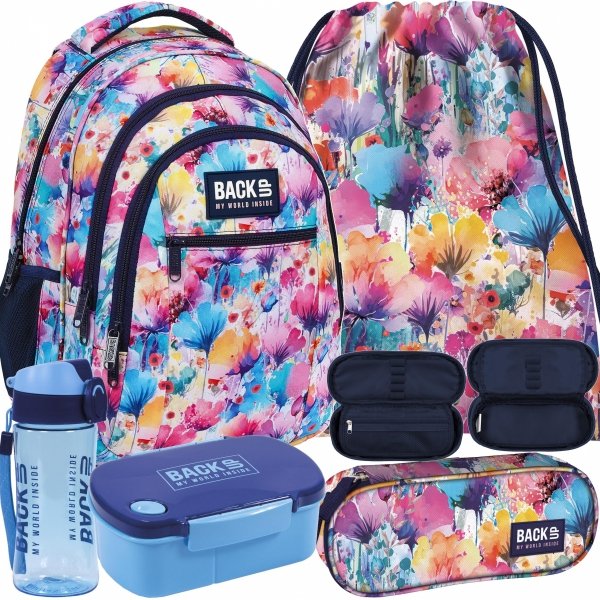 MŁODZIEŻOWY PLECAK BACKUP KWIATOWY SZKOLNY DZIEWCZĘCY KOLOROWE KOMPLET 5 el