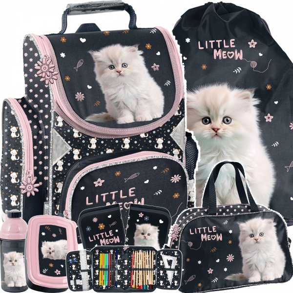 TORNISTER SZKOLNY KOMPLET 6 ele DZIEWCZĘCY Z KOTKIEM DO 1 KLASY KOTEK CATS