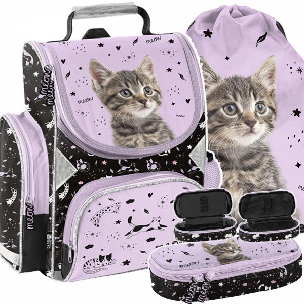 TORNISTER KOT DLA DZIEWCZYNY SZKOLNY Z KOTKIEM DO 1 KLASY KOTEK KOMPLET 3w1