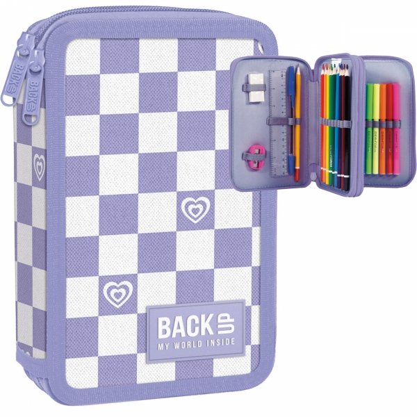 PIÓRNIK BACKUP 2 KOM. Z WYPOSAŻENIEM SZACHOWNICA FIOLETOWO BIAŁA DZIEWCZĘCY