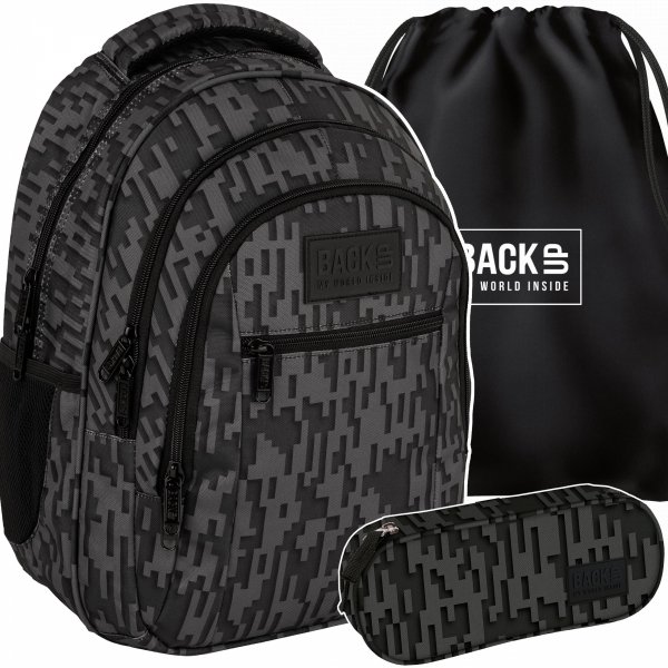 ZESTAW 3ele PLECAK MŁODZIEŻOWY BACKUP SZKOLNY DERFORM 4 komorowy CZARNY