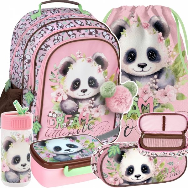 PANDA PLECAK z MISIEM DLA UCZENNIC SZKOLNY DZIEWCZĘCY DO 1 KLASY ZESTAW 5w1