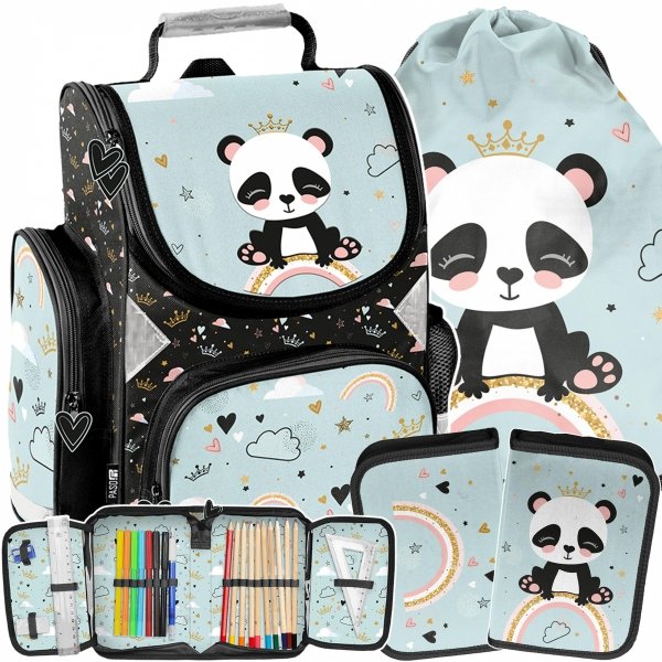 TORNISTER SZKOLNY MIŚ PANDA DZIEWCZĘCY DO PODSTAWÓWKI MIĘTOWY KOMPLET 3w1