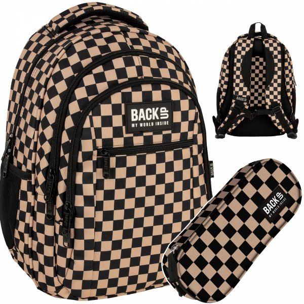 PLECAK MŁODZIEŻOWY BACKUP DZIEWCZĘCY SZKOLNY KOMPLET 2w1 SZACHOWNICA BEŻ